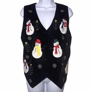 Vintage Westbound Christmas Vest Womens Petites PM Black Velvet Holiday Snowman